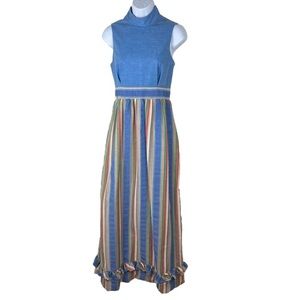 Vintage 60s 70s high neck cut-out back sleeveless maxi prairie dress size medium